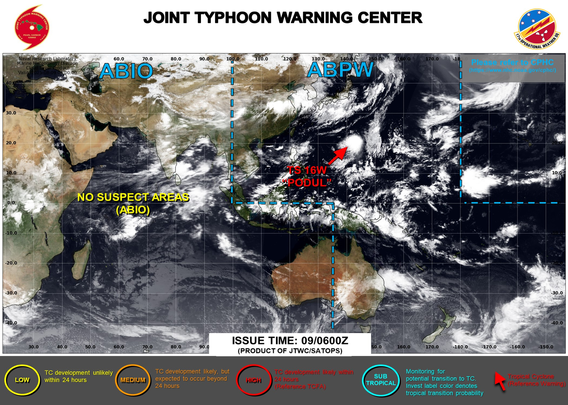 ABPW10 PGTW 090600
MSGID/GENADMIN/JOINT TYPHOON WRNCEN PEARL HARBOR HI//
SUBJ/SIGNIFICANT TROPICAL WEATHER ADVISORY FOR THE WESTERN AND SOUTH 
PACIFIC OCEANS/090600Z-100600ZAUG2025//
REF/A/MSG/JOINT TYPHOON WRNCEN PEARL HARBOR HI/090151ZAUG2025//
AMPN/REF A IS A TROPICAL CYCLONE WARNING.//
RMKS/
1. WESTERN NORTH PACIFIC AREA (180 TO MALAY PENINSULA):
   A. TROPICAL CYCLONE SUMMARY:
      (1) AT 09AUG25 0000Z, TROPICAL STORM 16W (PODUL) WAS LOCATED NEAR 
21.5N 142.9E, APPROXIMATELY 880 NM EAST-SOUTHEAST OF KADENA AB, AND HAD 
TRACKED WEST-NORTHWESTWARD AT 06 KNOTS OVER THE PAST SIX HOURS. MAXIMUM 
SUSTAINED SURFACE WINDS WERE ESTIMATED AT 50 KNOTS GUSTING TO 65 KNOTS. 
SEE REF A (WTPN32 PGTW 090300) FOR FURTHER DETAILS.
      (2) NO OTHER TROPICAL CYCLONES.
   B. TROPICAL DISTURBANCE SUMMARY: NONE.
   C. SUBTROPICAL SYSTEM SUMMARY: NONE.
2. SOUTH PACIFIC AREA (WEST COAST OF SOUTH AMERICA TO 135 EAST):
   A. TROPICAL CYCLONE SUMMARY: NONE.
   B. TROPICAL DISTURBANCE SUMMARY: NONE.
   C. SUBTROPICAL SYSTEM SUMMARY: NONE.//
NNNN